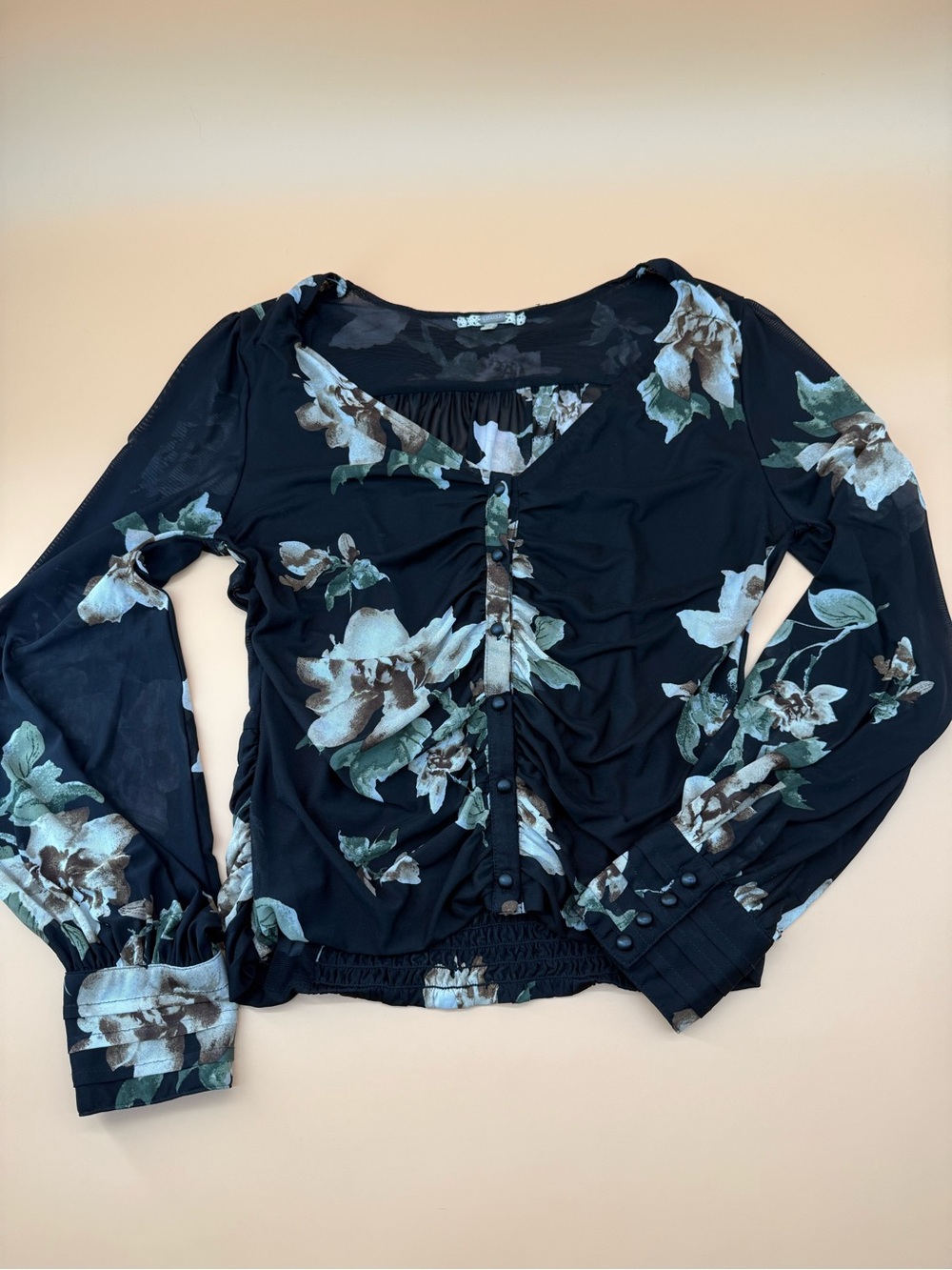 Gimmicks Floral Ruched Mesh Blouse Black Long Sleeve Romantic Cottagecore Shirt